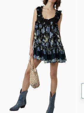 Free People Intimately Extratropical Mini Dress Black Floral Ruffle Size S